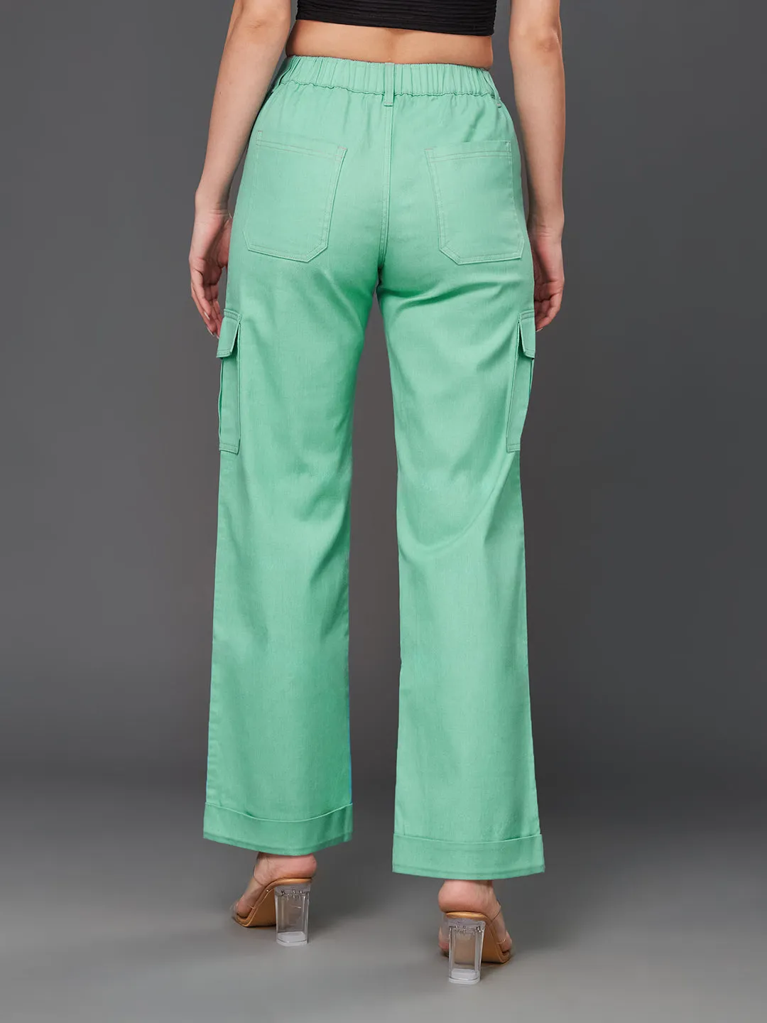 24/7 comfort Women's Turquoise Wide Leg High Rise Clean Look Regular Length Stretchable Denim Pants
