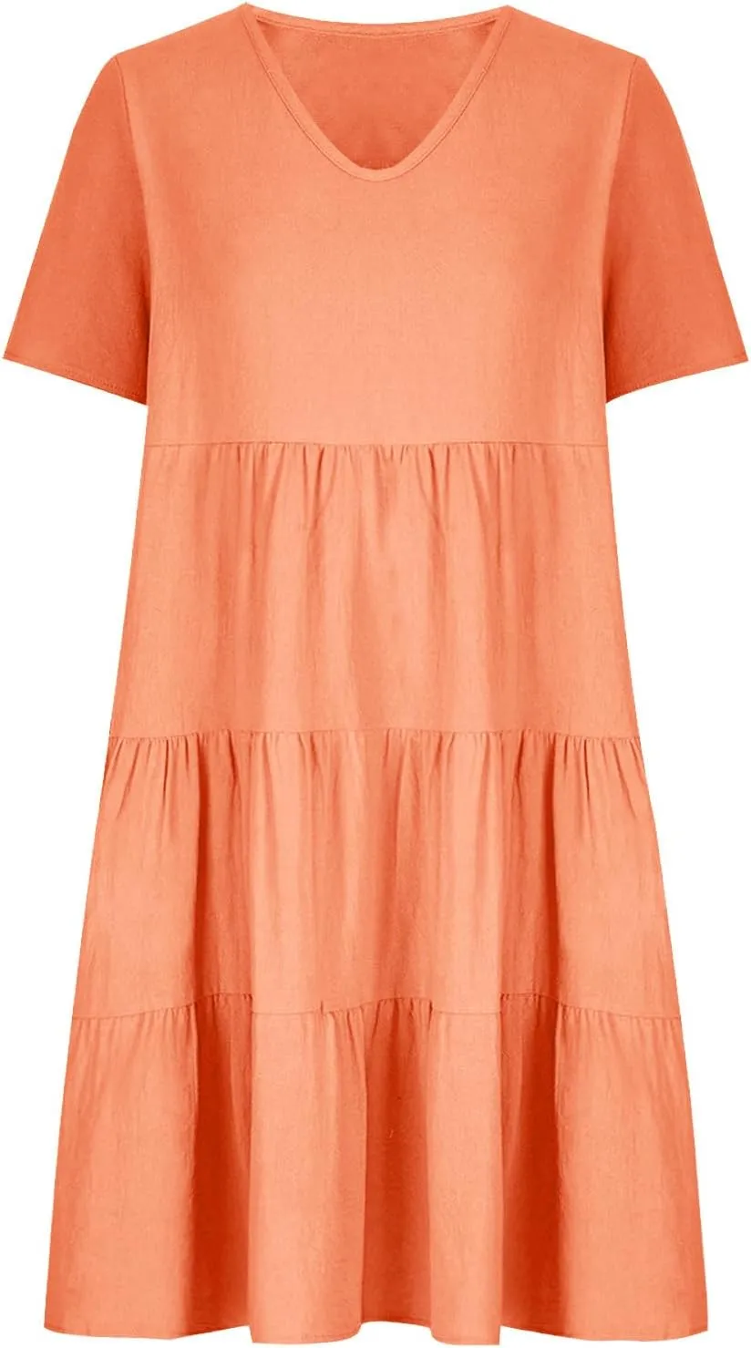 a Line Dresses for Women 2024 Plus Size Short Sleeve Tiered Knee Length Dresses v Neck Solid Loose Fit Casual Dresses