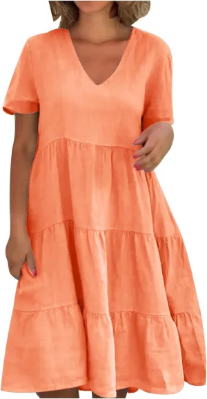 a Line Dresses for Women 2024 Plus Size Short Sleeve Tiered Knee Length Dresses v Neck Solid Loose Fit Casual Dresses