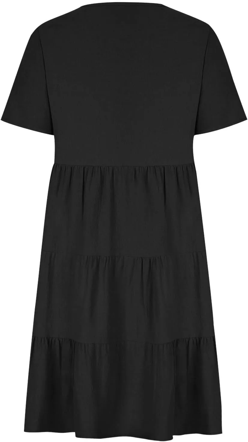 a Line Dresses for Women 2024 Plus Size Short Sleeve Tiered Knee Length Dresses v Neck Solid Loose Fit Casual Dresses