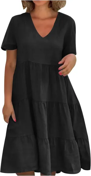 a Line Dresses for Women 2024 Plus Size Short Sleeve Tiered Knee Length Dresses v Neck Solid Loose Fit Casual Dresses