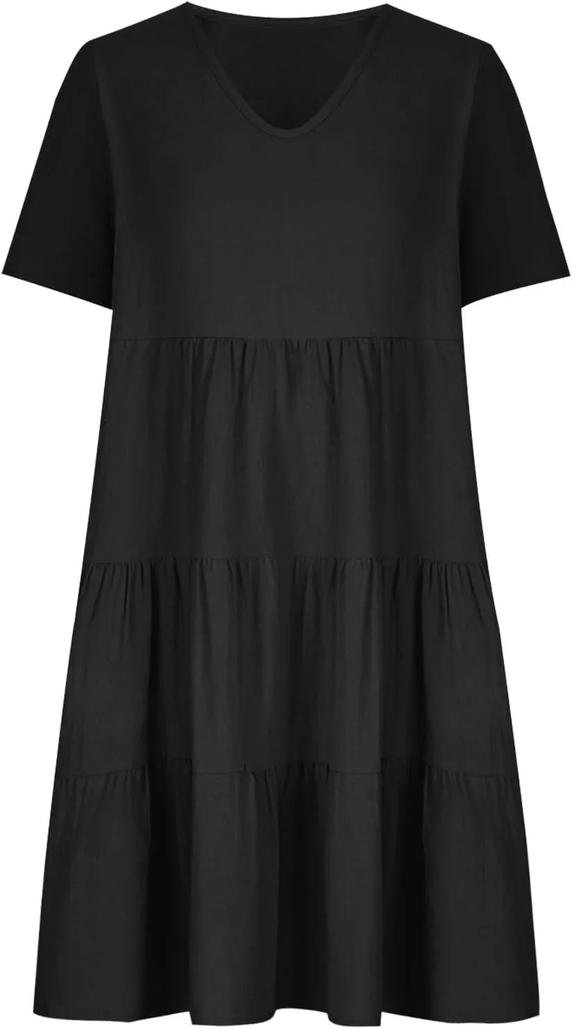 a Line Dresses for Women 2024 Plus Size Short Sleeve Tiered Knee Length Dresses v Neck Solid Loose Fit Casual Dresses
