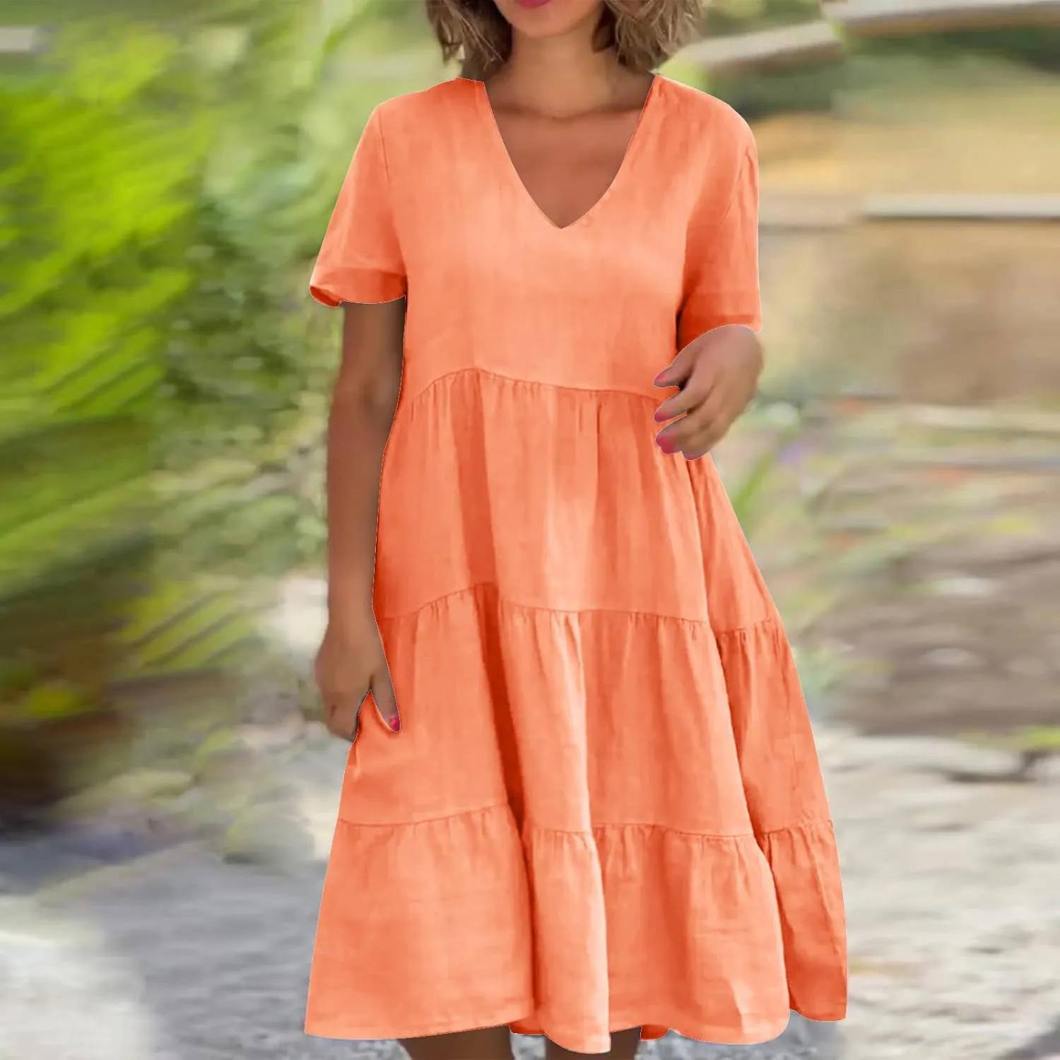 a Line Dresses for Women 2024 Plus Size Short Sleeve Tiered Knee Length Dresses v Neck Solid Loose Fit Casual Dresses