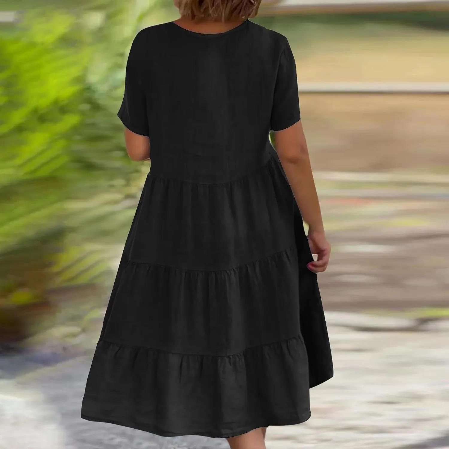 a Line Dresses for Women 2024 Plus Size Short Sleeve Tiered Knee Length Dresses v Neck Solid Loose Fit Casual Dresses
