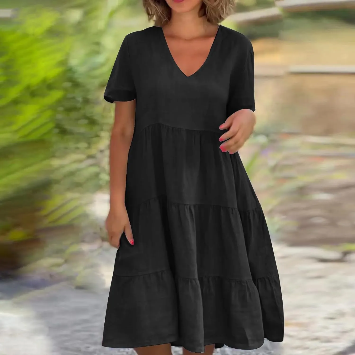 a Line Dresses for Women 2024 Plus Size Short Sleeve Tiered Knee Length Dresses v Neck Solid Loose Fit Casual Dresses
