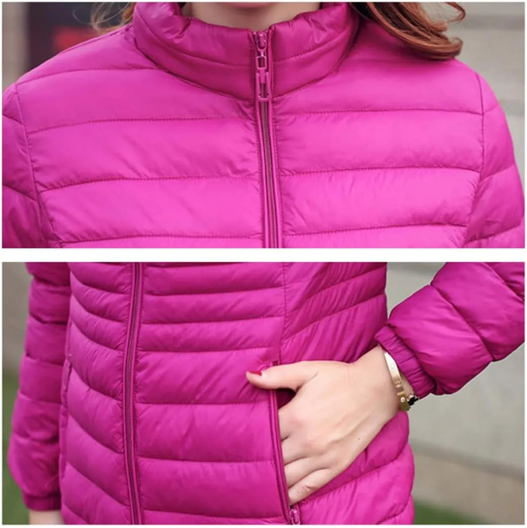 Adhdyuud Women Warm Cotton Down Coat Winter Solid Slim Short Parkas Padded Zipper Pockets Jacket Plus