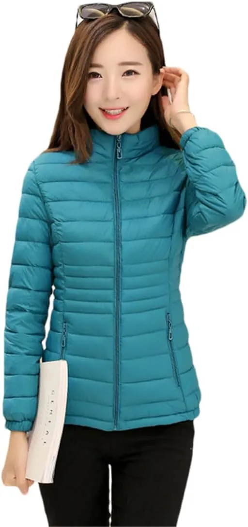 Adhdyuud Women Warm Cotton Down Coat Winter Solid Slim Short Parkas Padded Zipper Pockets Jacket Plus