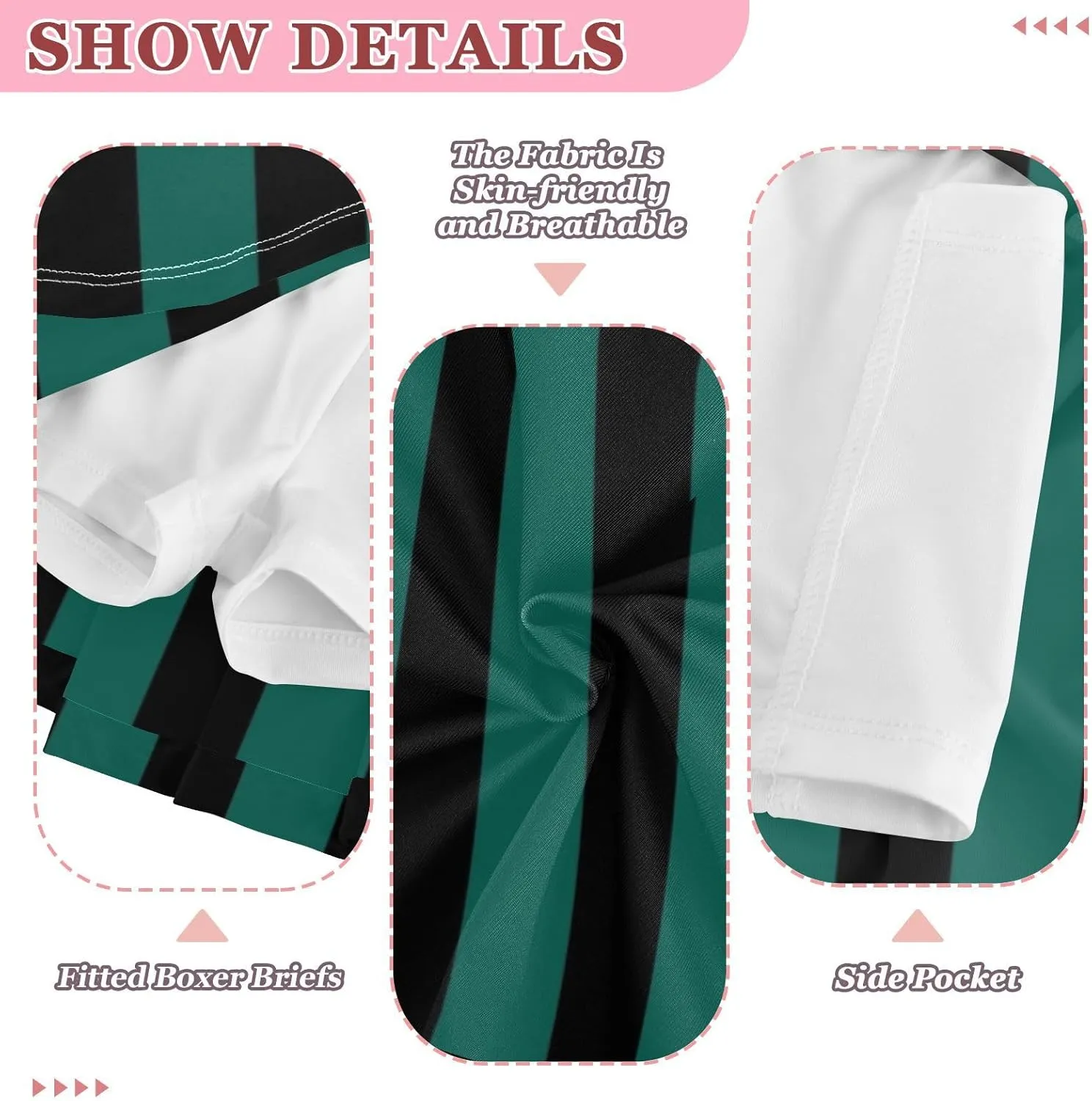 Aqua Green Black Stripes Girls Athletic Skorts Flowy Golf Tennis Skirts with Shorts & Pocket
