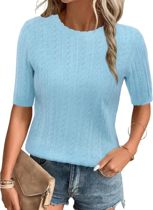 Arach&Cloz Womens Summer Sweater 2025 Spring Tops Short Sleeve Casual Blouses Crewneck Hollow Out Knit Pullover Shirt
