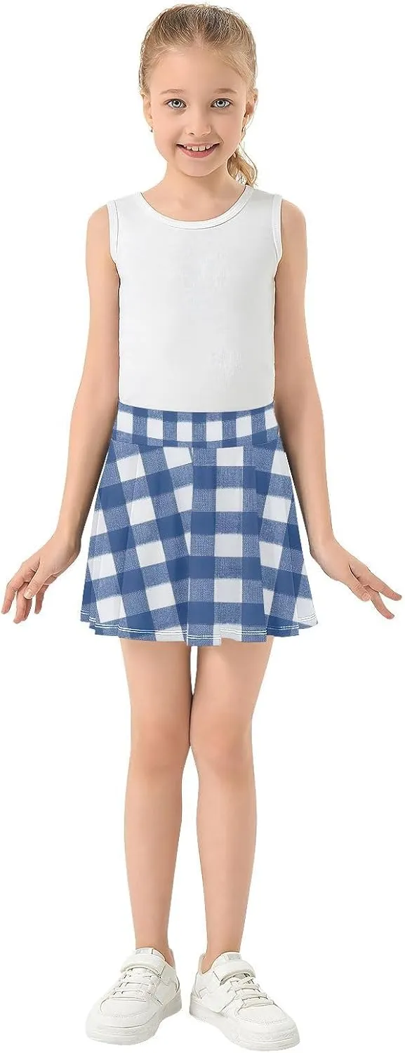Blue & White Gingham Girls Athletic Skorts Flowy Golf Tennis Skirts with Shorts & Pocket