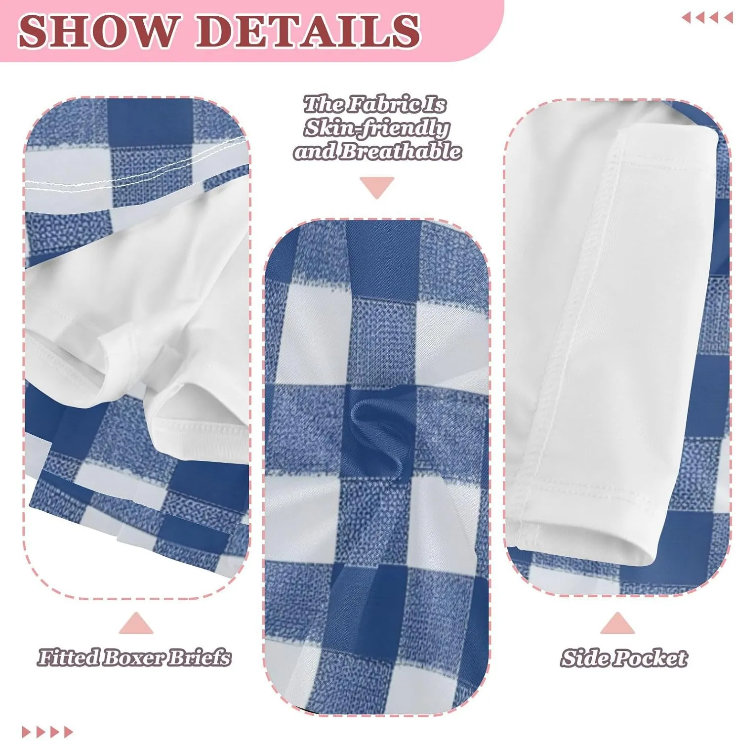 Blue & White Gingham Girls Athletic Skorts Flowy Golf Tennis Skirts with Shorts & Pocket
