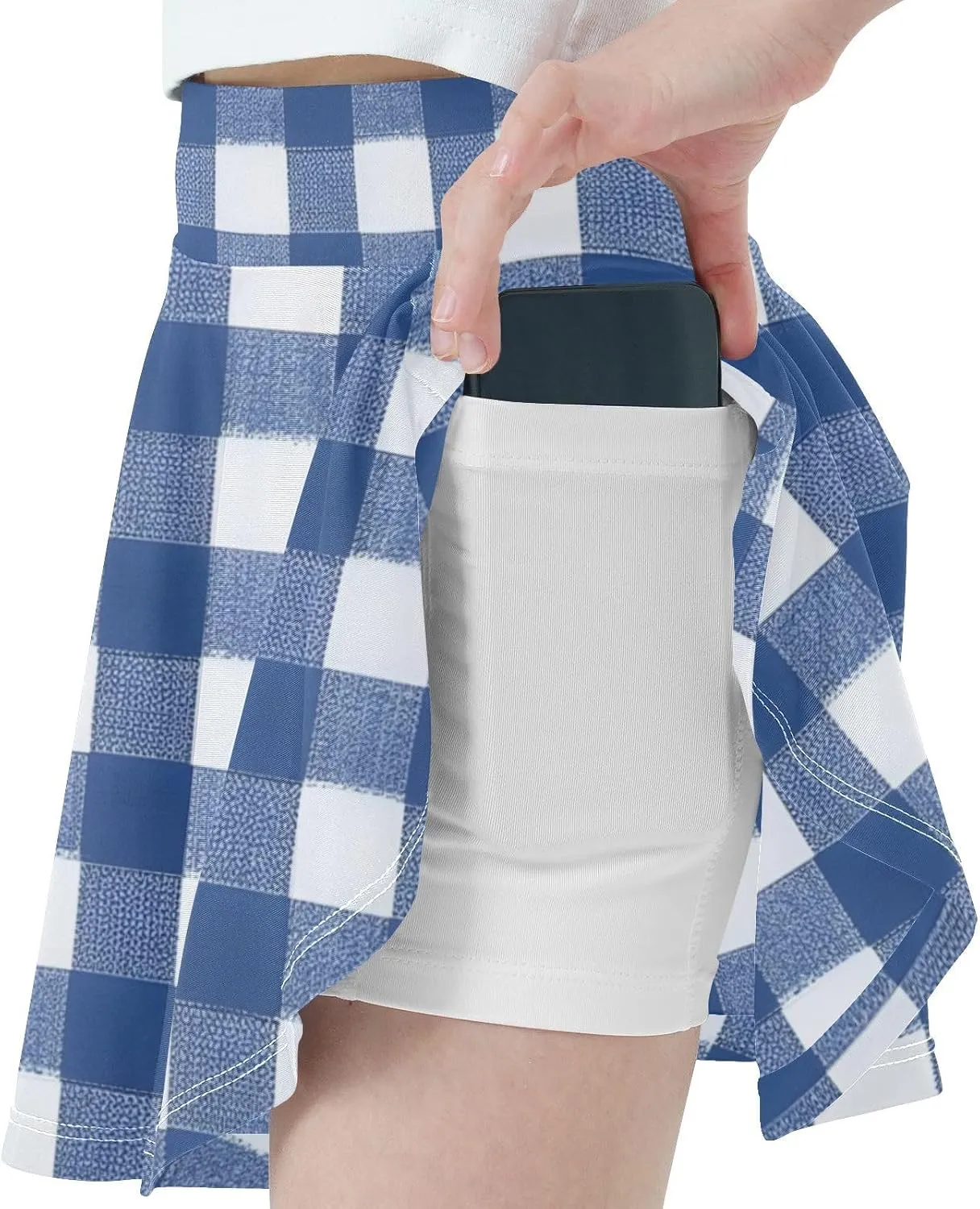 Blue & White Gingham Girls Athletic Skorts Flowy Golf Tennis Skirts with Shorts & Pocket