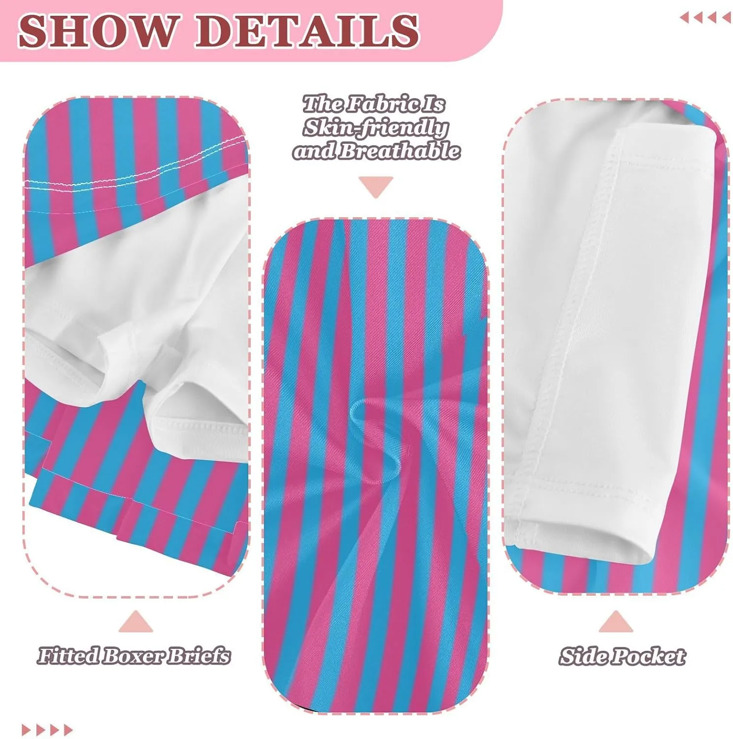 Blue Pink Stripes Girls Athletic Skorts Flowy Golf Tennis Skirts with Shorts & Pocket
