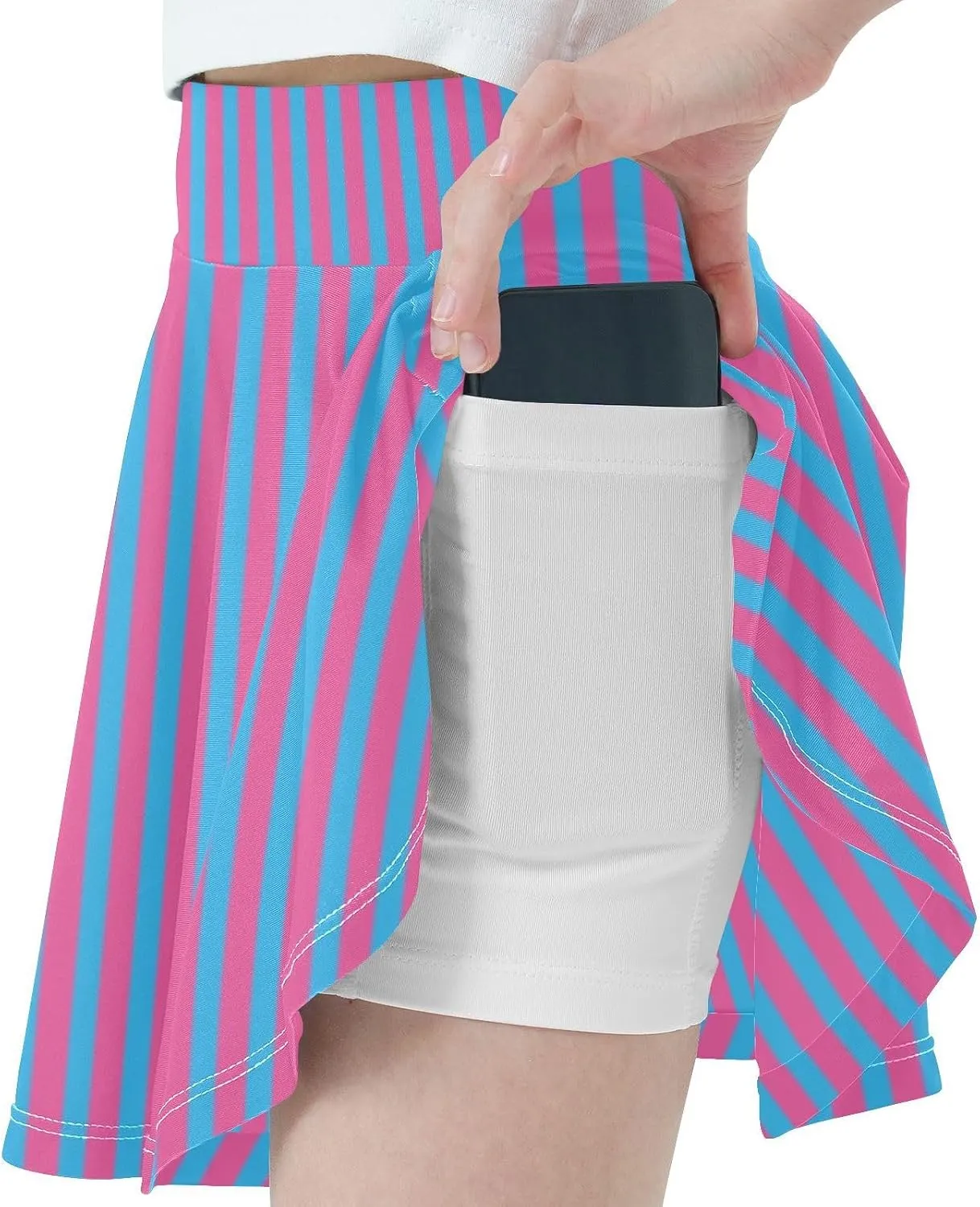 Blue Pink Stripes Girls Athletic Skorts Flowy Golf Tennis Skirts with Shorts & Pocket