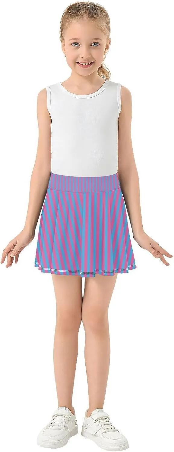 Blue Pink Stripes Girls Athletic Skorts Flowy Golf Tennis Skirts with Shorts & Pocket