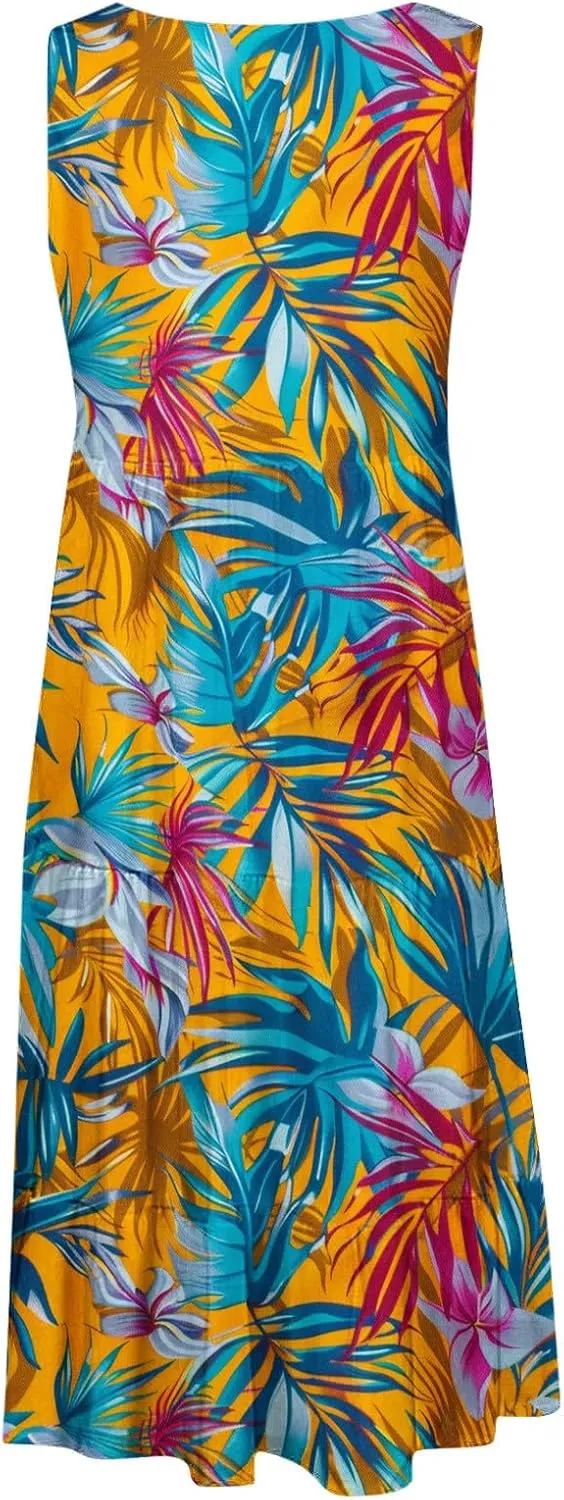 Boho Dresses for Women 2024 Plus Size Hawaii Printed Sleeveless Loose Fit Ruched Sun Dress Knee Length Beach Dress