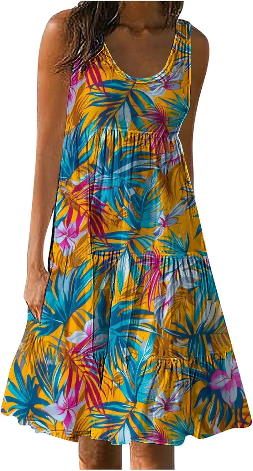 Boho Dresses for Women 2024 Plus Size Hawaii Printed Sleeveless Loose Fit Ruched Sun Dress Knee Length Beach Dress