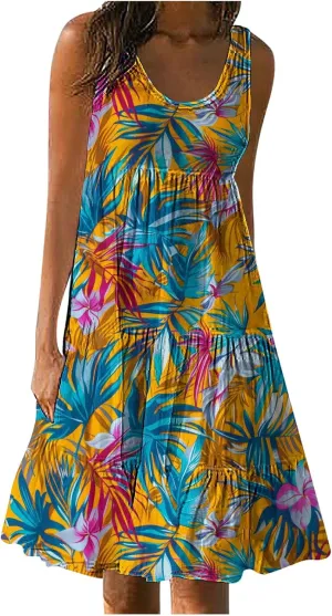 Boho Dresses for Women 2024 Plus Size Hawaii Printed Sleeveless Loose Fit Ruched Sun Dress Knee Length Beach Dress