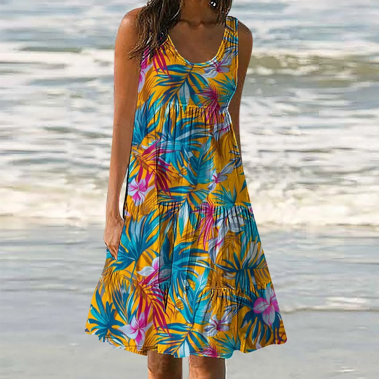 Boho Dresses for Women 2024 Plus Size Hawaii Printed Sleeveless Loose Fit Ruched Sun Dress Knee Length Beach Dress