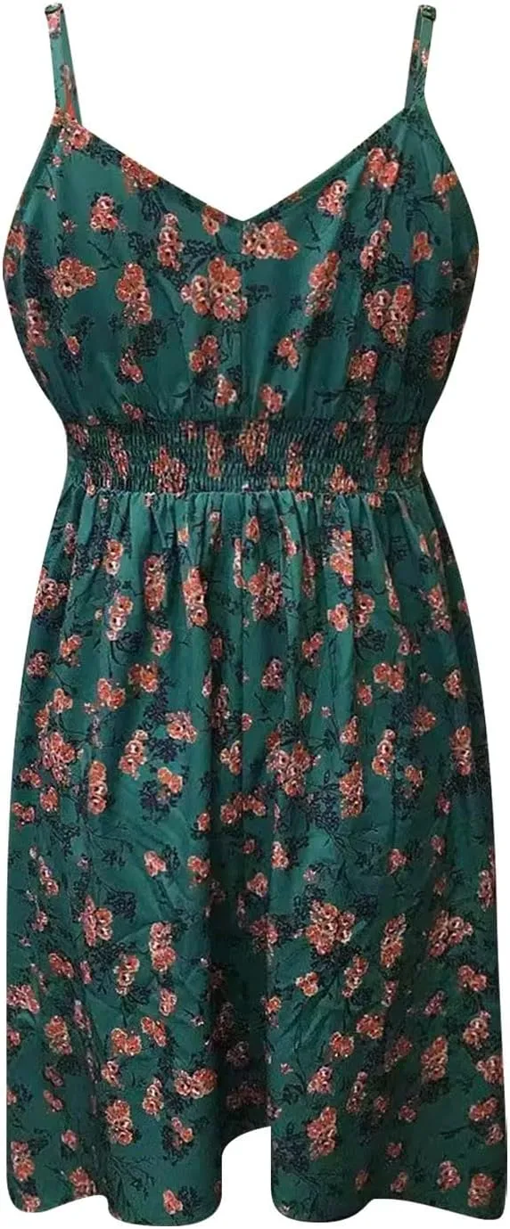 Boho Dresses for Women Floral Print Sexy Vintage Sleeveless V Neck Ruffle Hem Mini Dress Summer Casual Sundresses