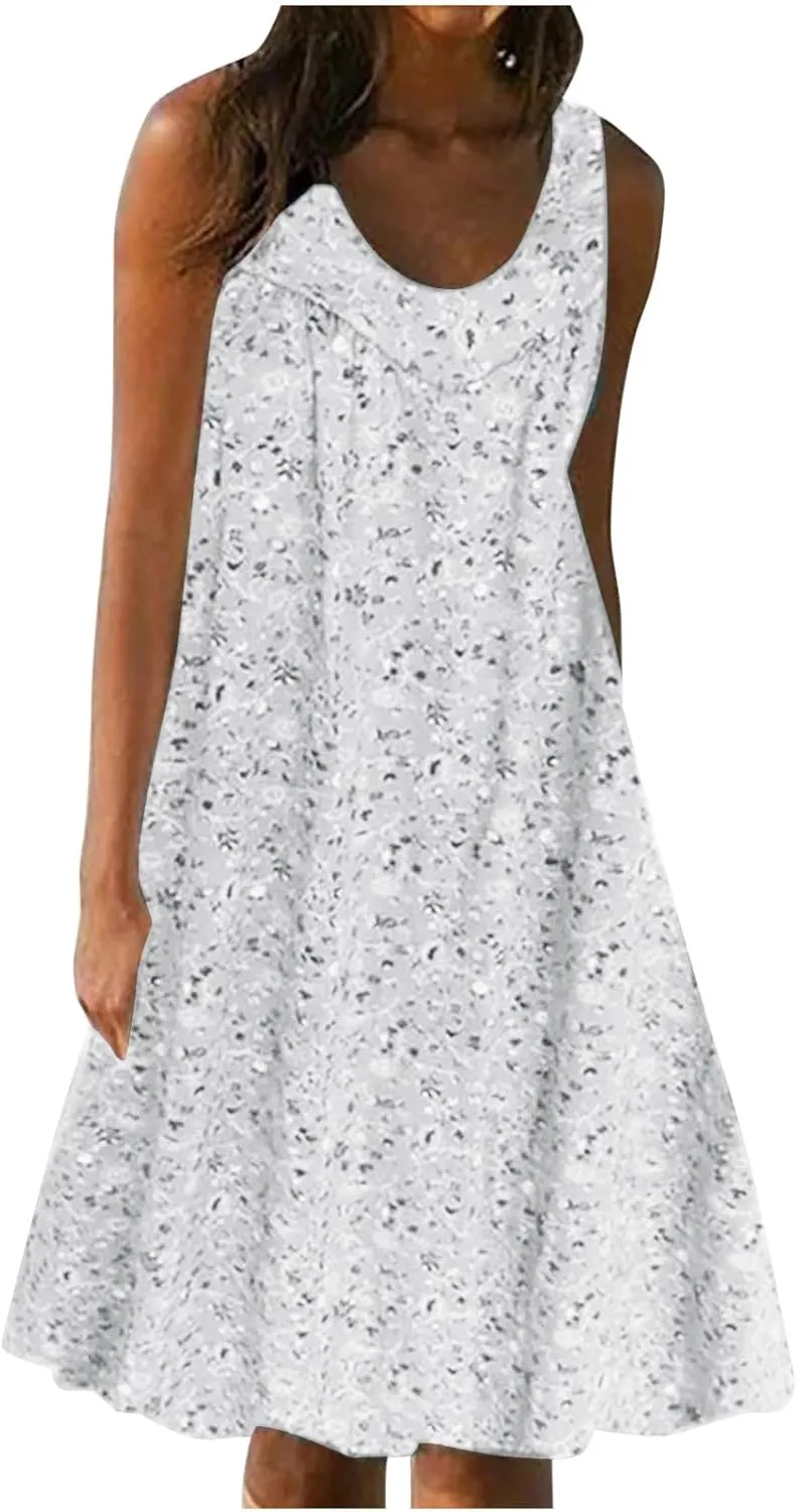 Boho Summer Dresses for Women 2025 Cute Petite Beach Dress Loose Sleeveless Sundresses Crewneck Flowy Midi Sundress
