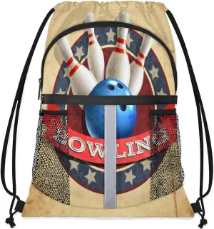 Bowling Retro Grunge Pattern Drawstring Backpack String Bag Lightweight Gym Bags Sackpack Cinch Bag for Women Men Sport Gym Backpack with Handle and Reflective Stripe
