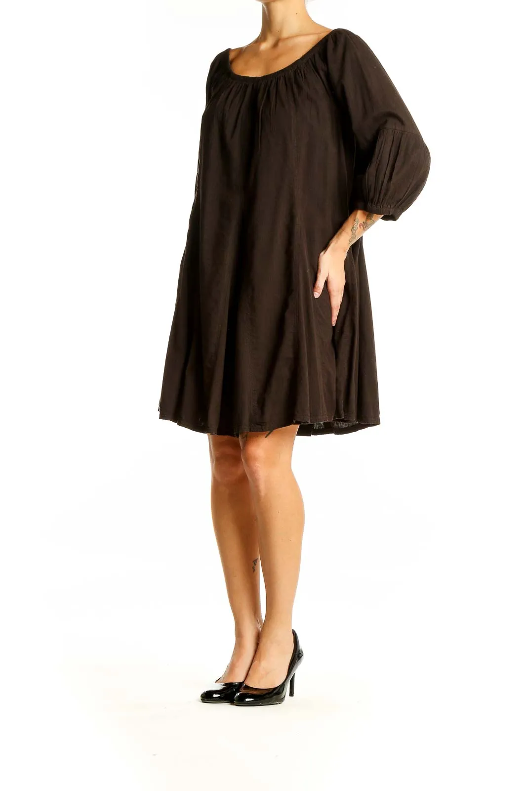Brown Flowy Peasant Mini Dress