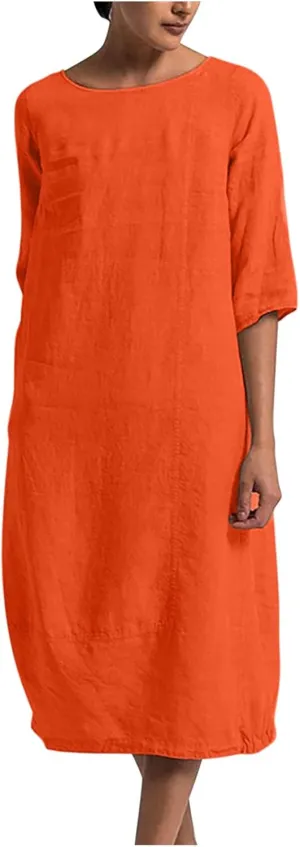 Casual Summer Dresses for Women 2024 Comfy Plus Size Cotton Linen Midi Dresses Loose Fit Half Sleeve Maxi Dresses