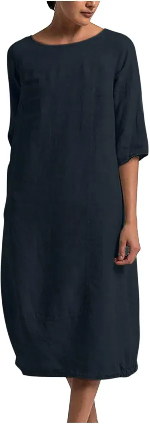 Casual Summer Dresses for Women 2024 Comfy Plus Size Cotton Linen Midi Dresses Loose Fit Half Sleeve Maxi Dresses