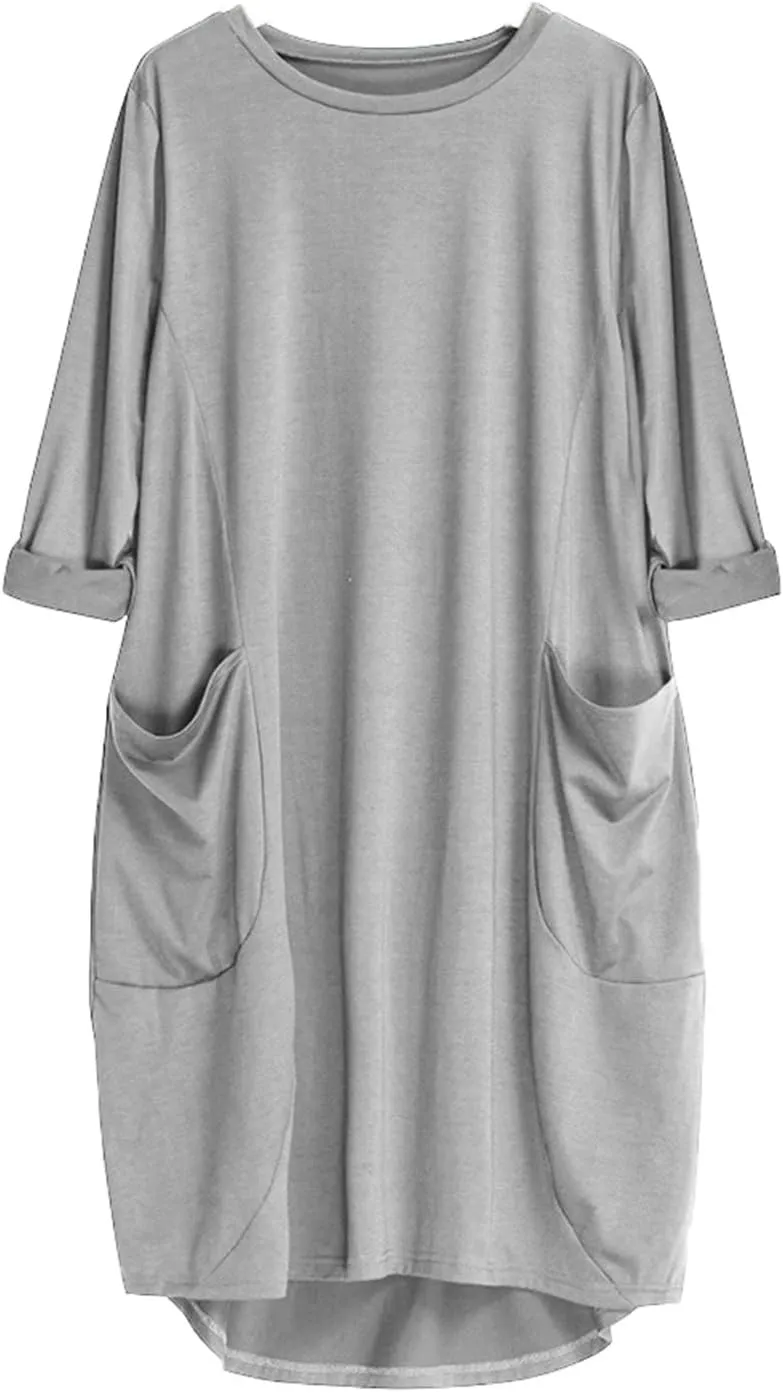 Casual Summer Dresses for Women 2024 Plus Size Loose Fit Knee Length Dresses Solid Round Neck Dresses with Pockets