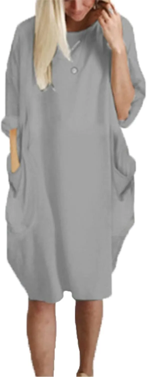 Casual Summer Dresses for Women 2024 Plus Size Loose Fit Knee Length Dresses Solid Round Neck Dresses with Pockets