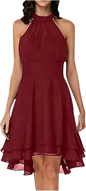Chiffon Dresses for Women Sexy 2024 Double Layer Ruffle Halter a line Short Dress high Waist Sleeveless Mini Dress