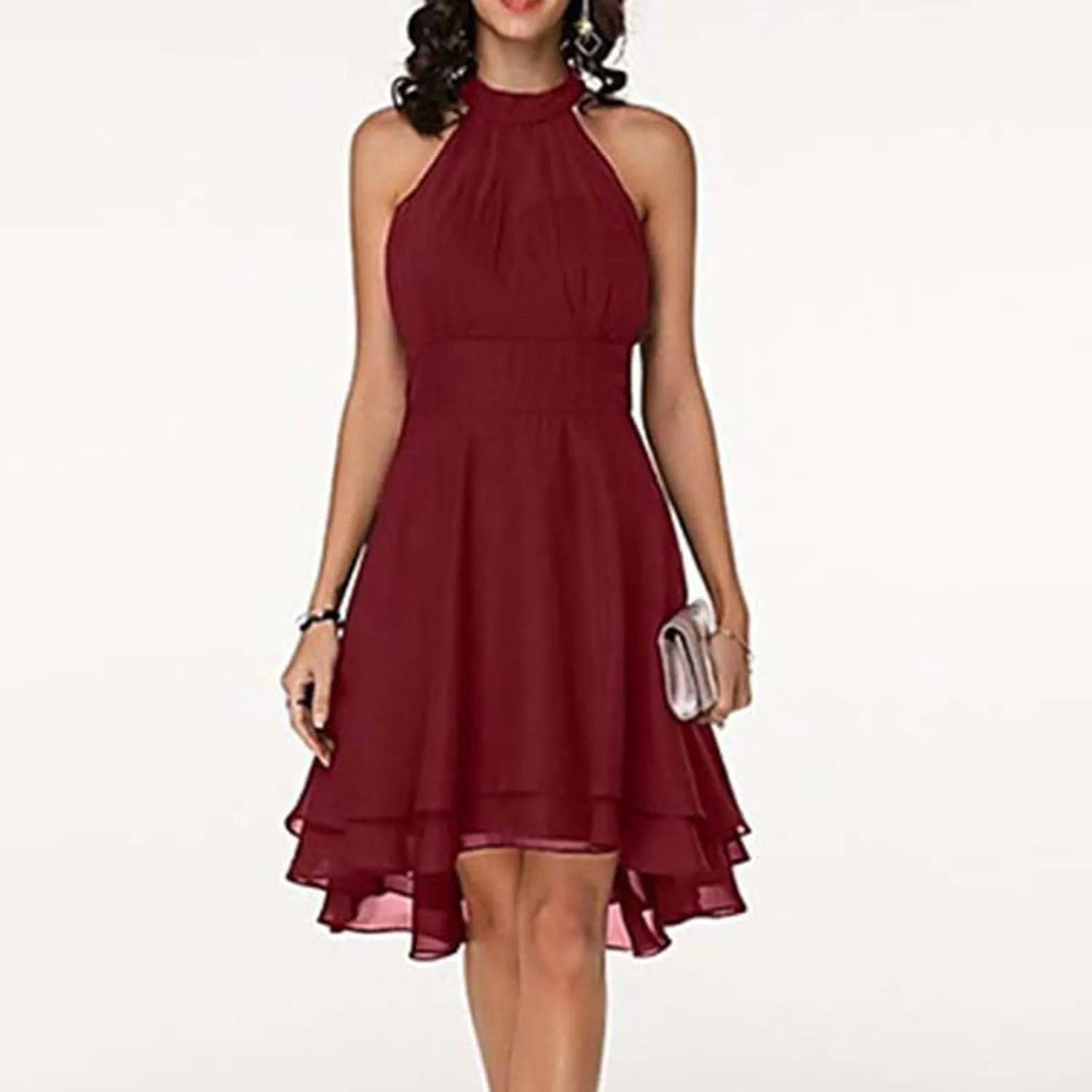 Chiffon Dresses for Women Sexy 2024 Double Layer Ruffle Halter a line Short Dress high Waist Sleeveless Mini Dress