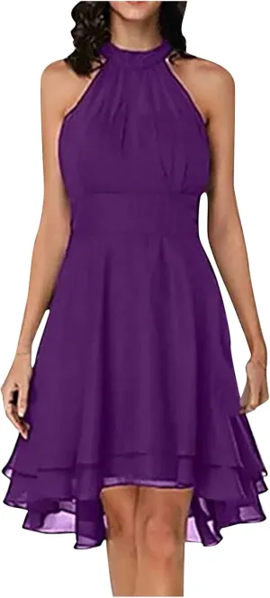 Chiffon Dresses for Women Sexy 2024 Double Layer Ruffle Halter a line Short Dress high Waist Sleeveless Mini Dress