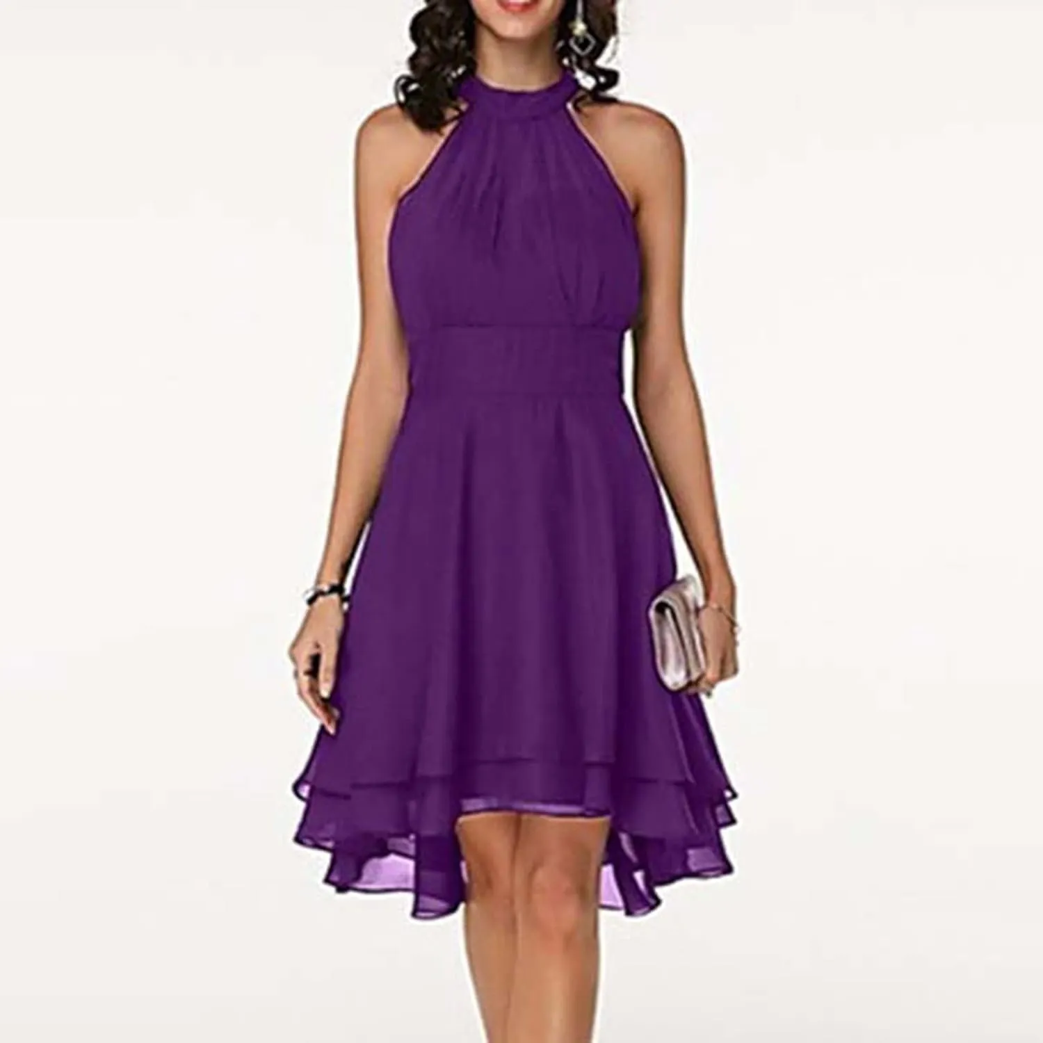 Chiffon Dresses for Women Sexy 2024 Double Layer Ruffle Halter a line Short Dress high Waist Sleeveless Mini Dress