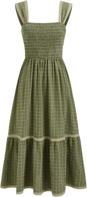 CIDER Gingham Square Neck Shirred Dresses Summer Casual Vacation Woven Maxi Dress