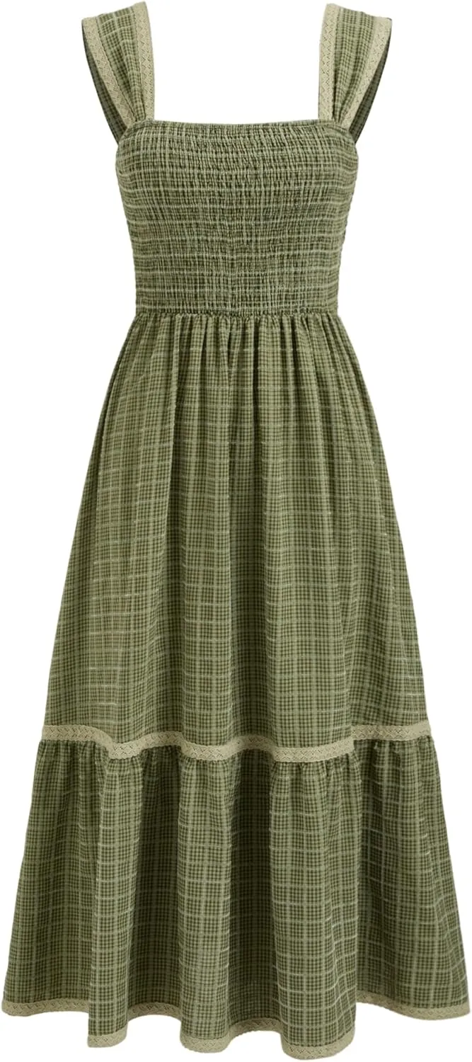 CIDER Gingham Square Neck Shirred Dresses Summer Casual Vacation Woven Maxi Dress