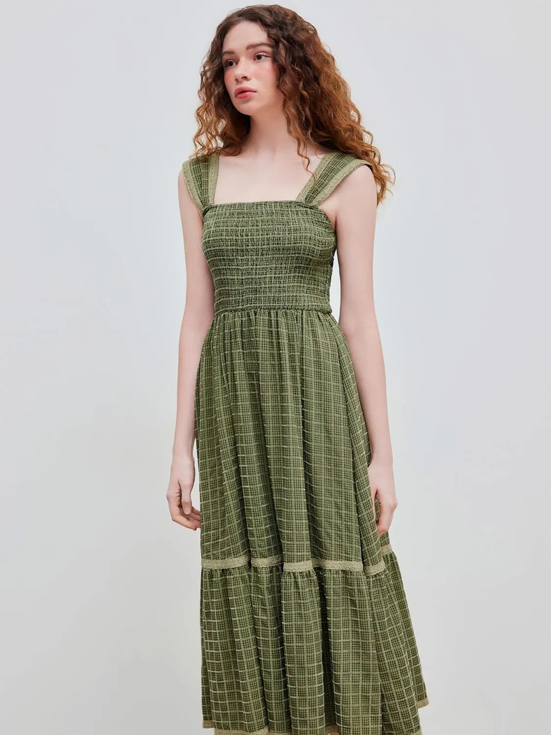 CIDER Gingham Square Neck Shirred Dresses Summer Casual Vacation Woven Maxi Dress