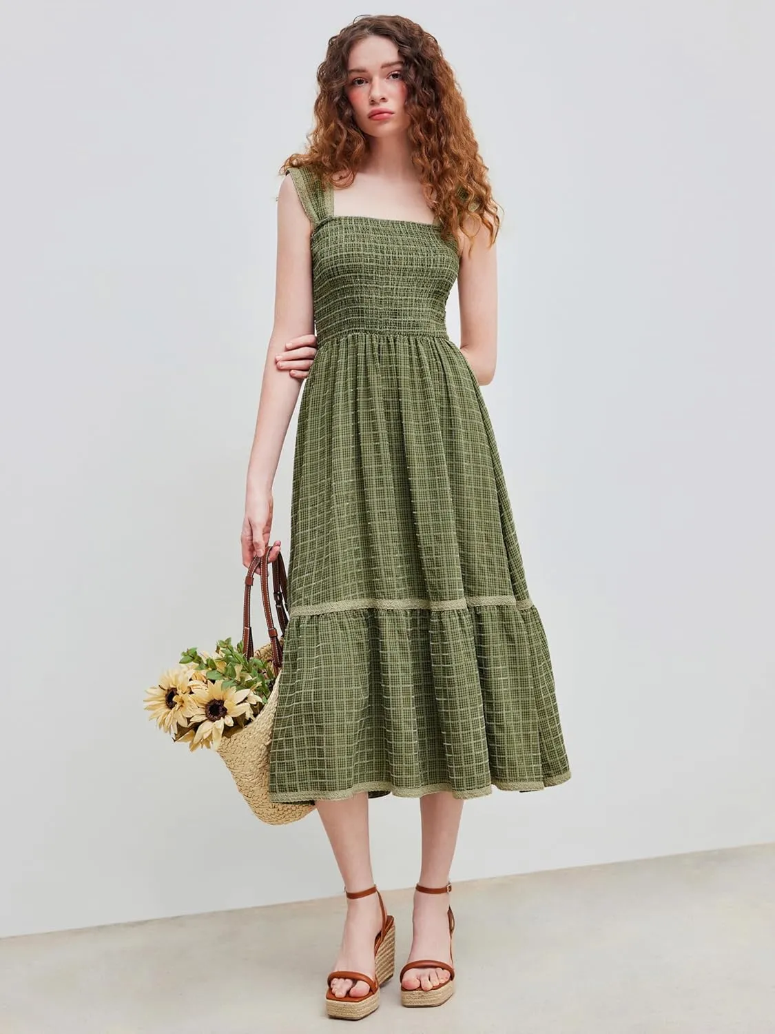 CIDER Gingham Square Neck Shirred Dresses Summer Casual Vacation Woven Maxi Dress