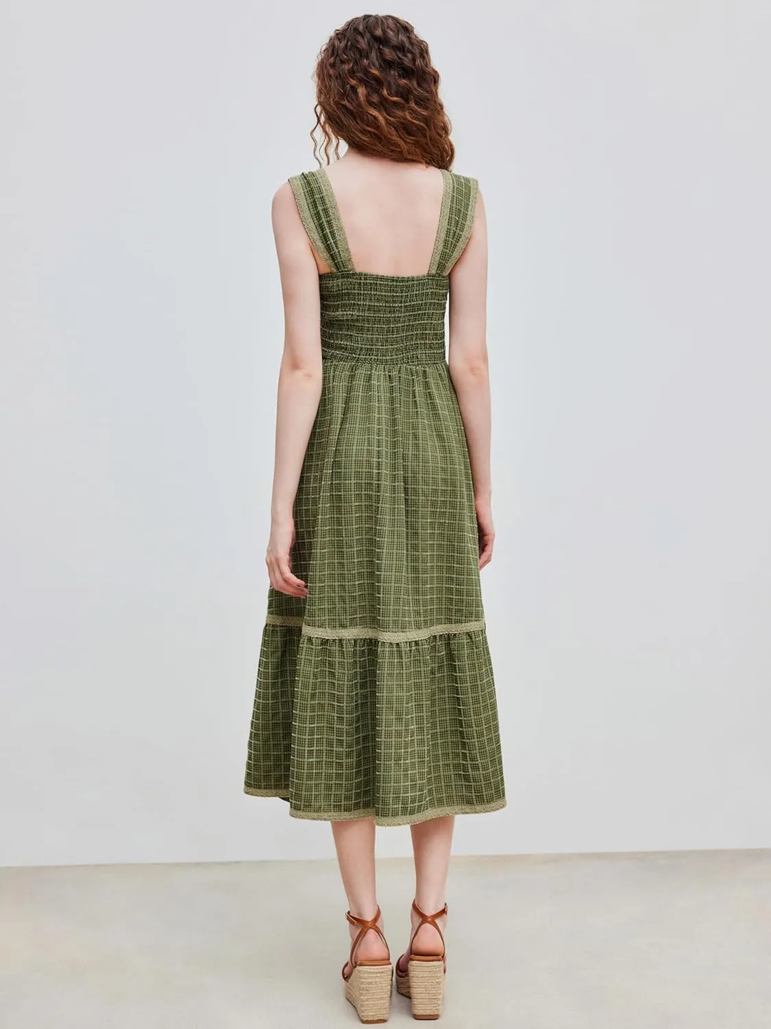 CIDER Gingham Square Neck Shirred Dresses Summer Casual Vacation Woven Maxi Dress