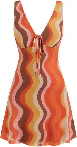 CIDER Mini Dress Sleeveless V Neck Abstract Wave High Waist Striped Knotted Party Vacation