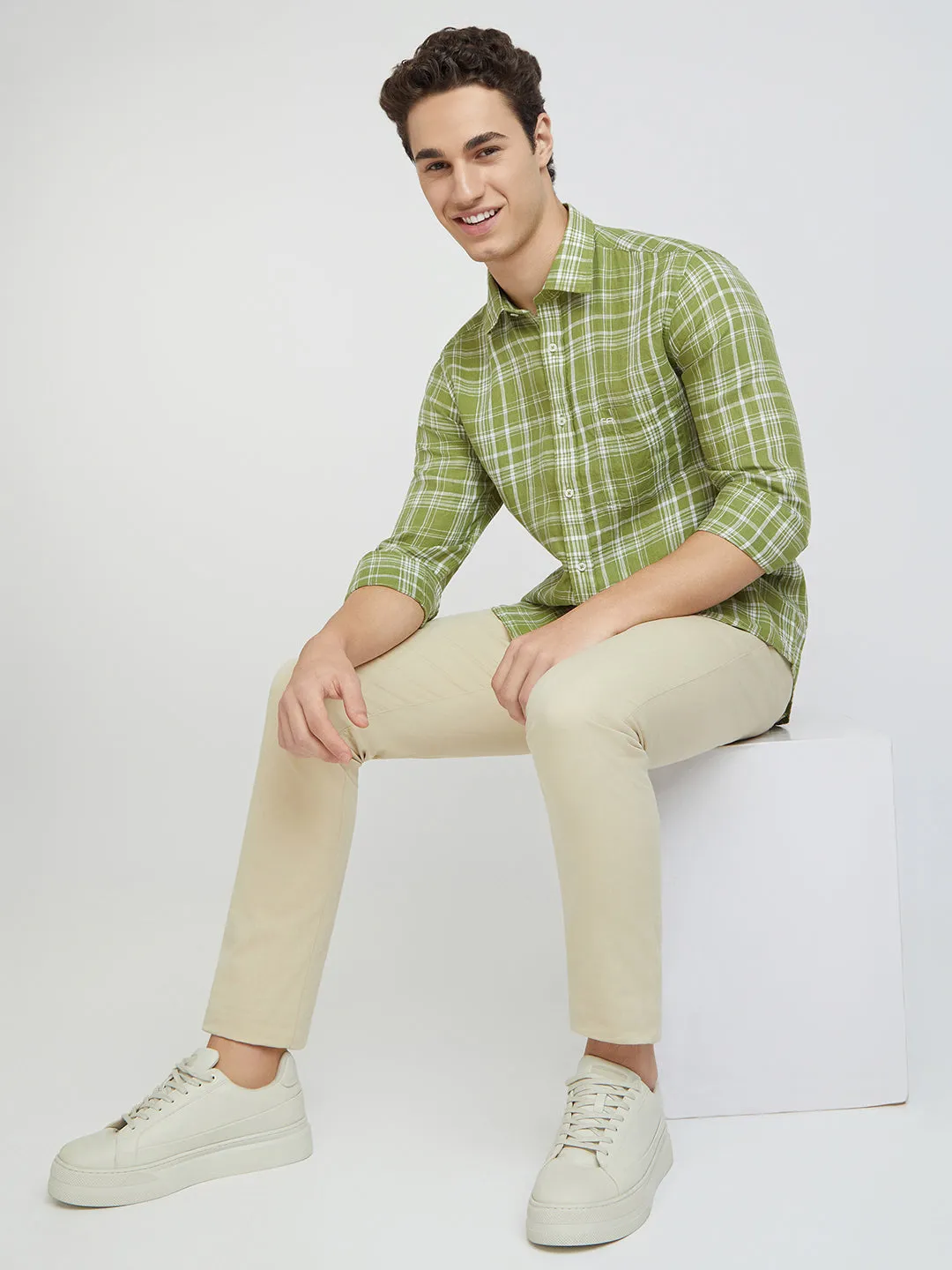 Colorplus Men Green Checks Regular Fit Linen Casual Shirts