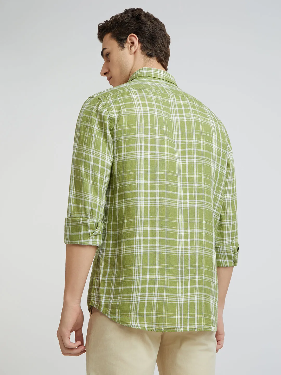 Colorplus Men Green Checks Regular Fit Linen Casual Shirts