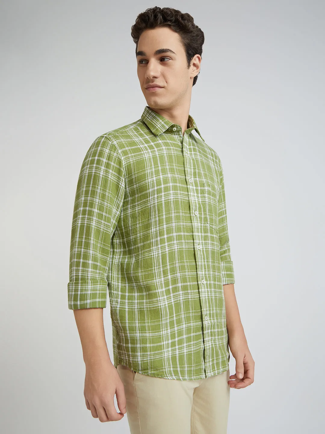 Colorplus Men Green Checks Regular Fit Linen Casual Shirts