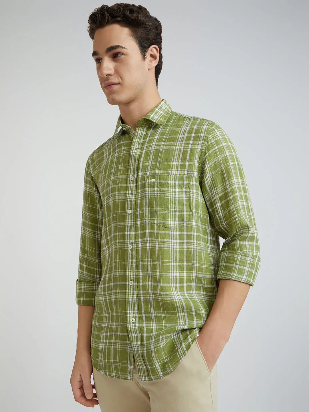 Colorplus Men Green Checks Regular Fit Linen Casual Shirts