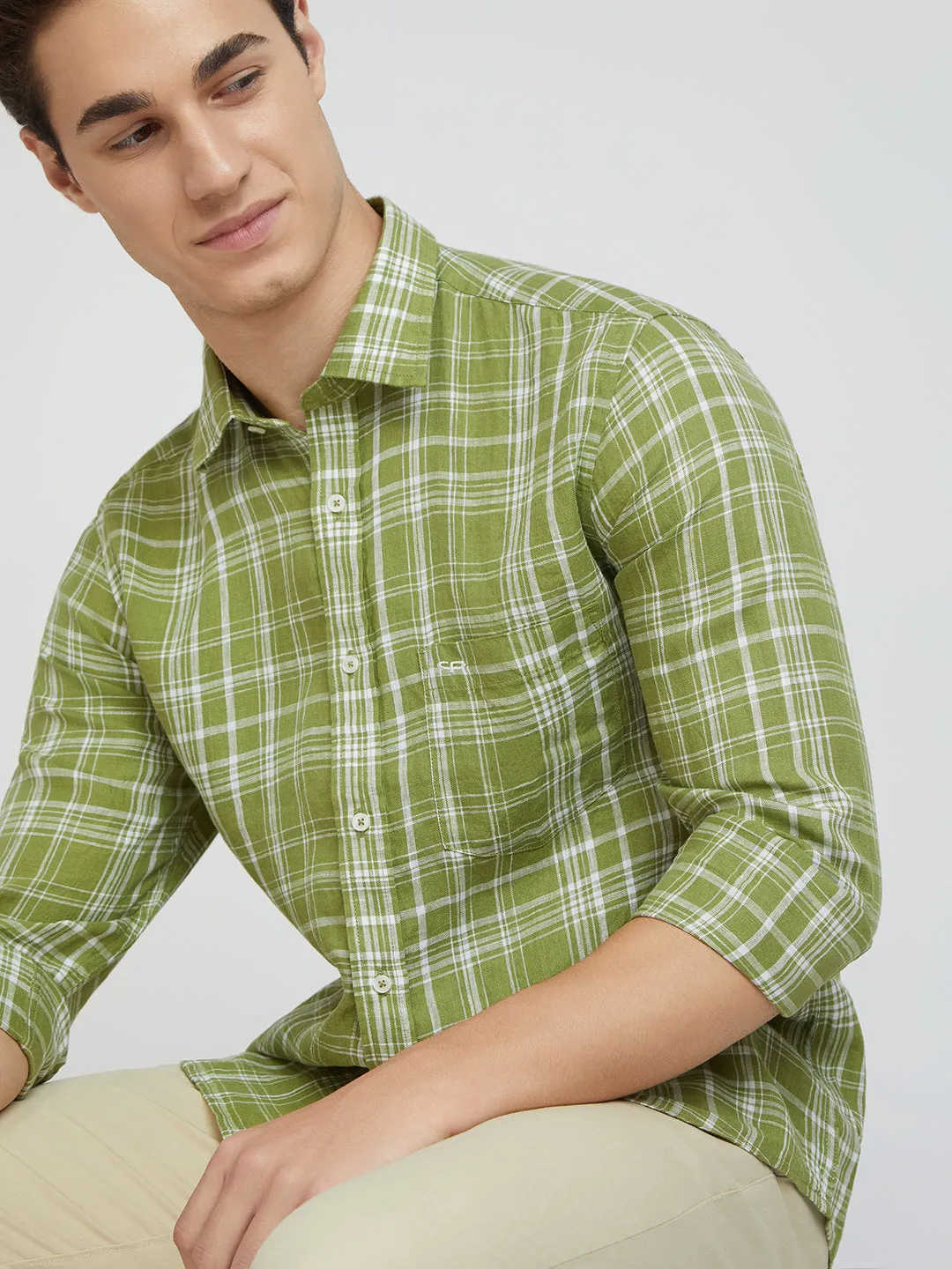 Colorplus Men Green Checks Regular Fit Linen Casual Shirts
