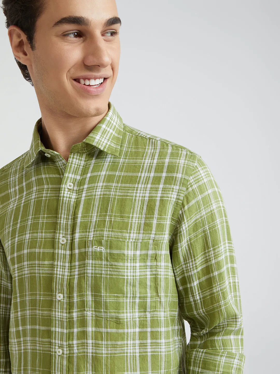 Colorplus Men Green Checks Regular Fit Linen Casual Shirts