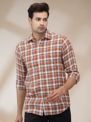 Colorplus Men Orange Checks Regular Fit Linen Casual Shirts