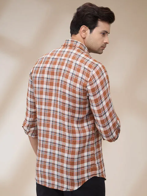 Colorplus Men Orange Checks Regular Fit Linen Casual Shirts
