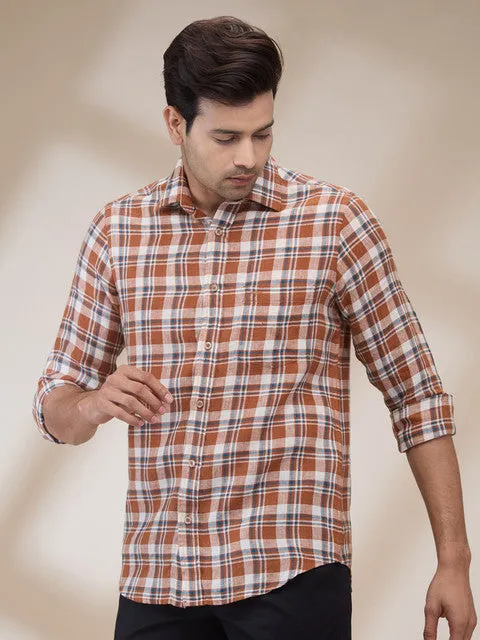 Colorplus Men Orange Checks Regular Fit Linen Casual Shirts